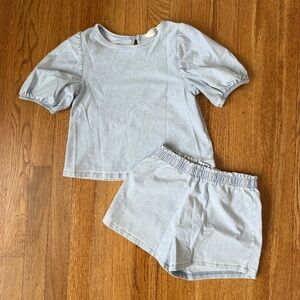 Girls H&M Blue Short Puff Sleeve Top and Shorts Set, Denim Blue, Size 7